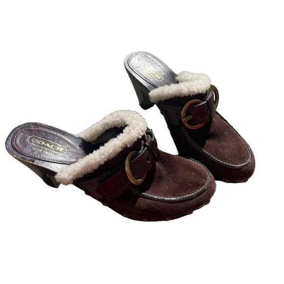 Vintage Coach Wooden Heeled Platform Faux Sherpa Lined Brown Clogs Size 8 - Picture 7 of 7